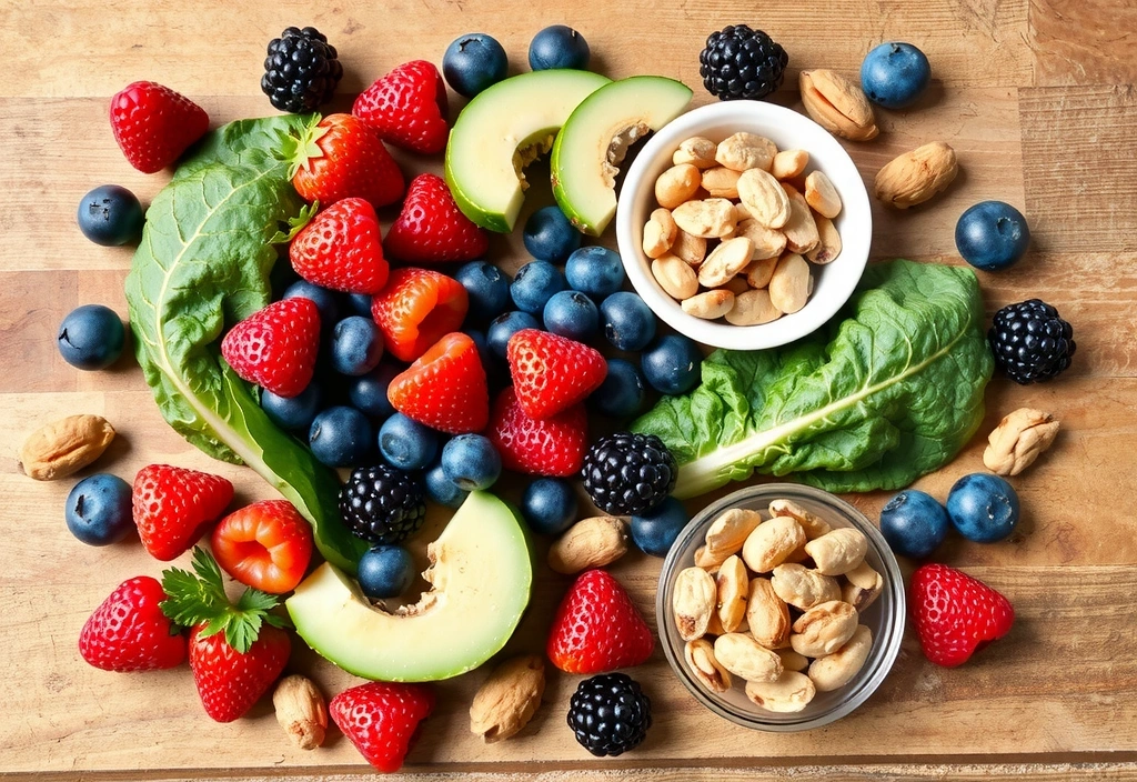 Variedad de alimentos ricos en antioxidantes como bayas, verduras de hoja verde y nueces.