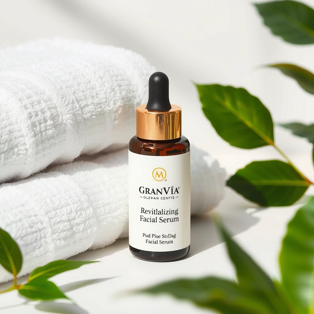 Suero facial Granviacv en un entorno de spa con toallas y plantas